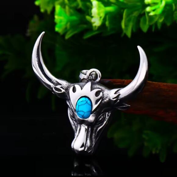 Silver Bull Head Horns Pendant w/ Turquoise Stone Western Christmas Birthday NEW